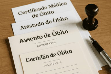 mesa com documentos oficiais, carimbo e caneta representando o registo civil e a certidão de óbito em Portugal